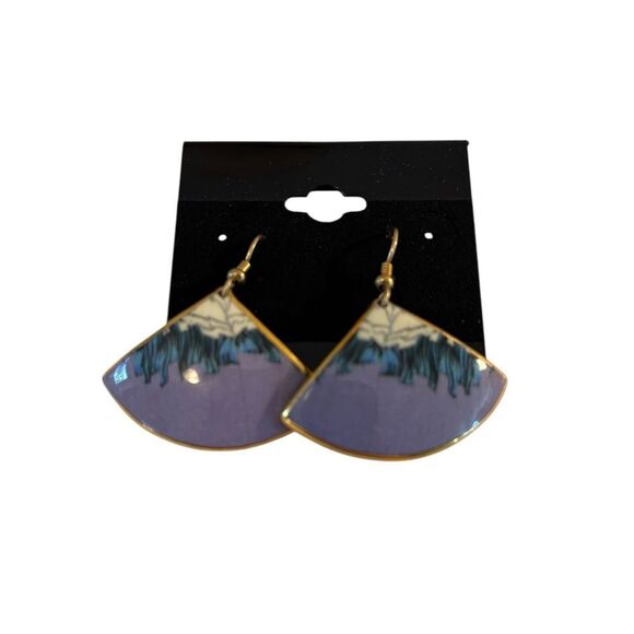 Elegant Hand Painted Rose Gold Trimmed White, Blue & Lavender Fan Earrings - Picture 5 of 6